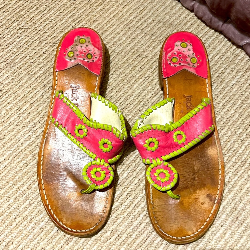 $128 JACK ROGERS Pink-and-Green Leather Jacks Flats Sandals, Size 9.5 or 10